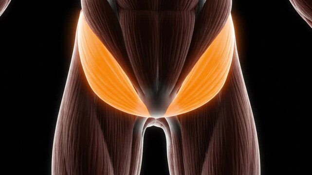 3D rendering of human abdominal and pelvic muscles highlighted in orange.