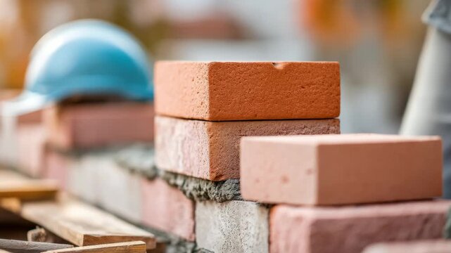 Skilled bricklayer constructing a wall with bricks and mortar at a construction site