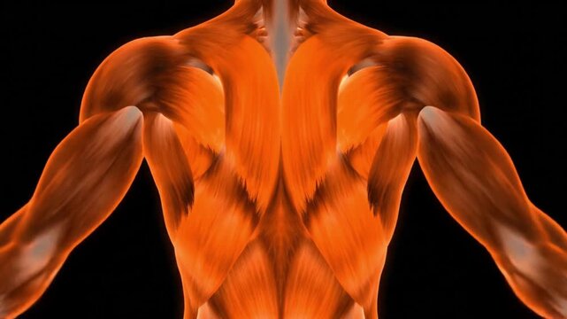 Detailed anatomical illustration of human back and arm muscles, showcasing the complex musculature.