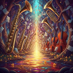 Musical instruments float in a colorful forest with water and ducks