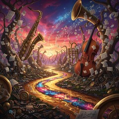 Music notes float in the sky above instruments in a forest at sunset