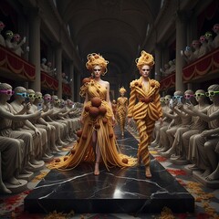 Models walk in fashion show wearing outfits made of pasta in a grand hall with statues
