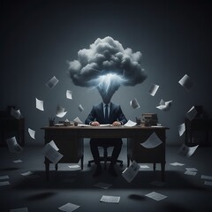 Businessman sits at desk with cloud and lightning above head in dark room