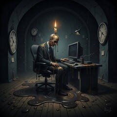 Person sits at desk with computer surrounded by clocks and candle in dark room