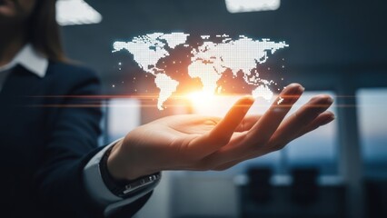 A woman's open hand cradles a glowing, digital world map, symbolizing global connection