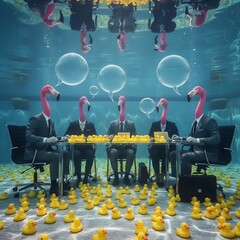 Five flamingos in suits sit at a table in a pool filled with rubber ducks and bubbles
