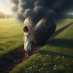 Woman walks with a large broken heart in a field during day