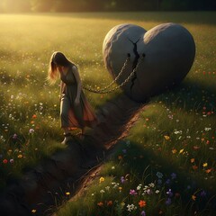 Heart shaped rock is chained while a woman walks through a flower field at sunset