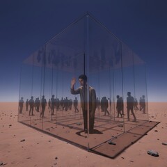 Group of people gathered around a clear box in a desert landscape under a blue sky