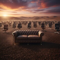 Empty chairs surround a single couch in a desert landscape at sunset