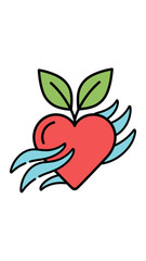 Fototapeta premium Stylized red heart illustration with green leaves and blue accents on white background