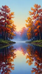 Autumn Forest Reflection in Calm Lake at Sunset