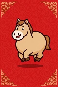 A cheerful cartoon horse, representing the Chinese zodiac, on a festive red background with elegant gold patterns, perfect for Lunar New Year celebrations.