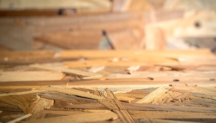 Close-up of layered wood fragments, focus on the bottom edge and soft focus in the background