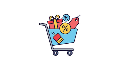 Shopping cart filled with gifts and sale tags isolated on white background