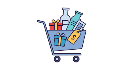 Shopping cart filled with various products and gift boxes on white backdrop
