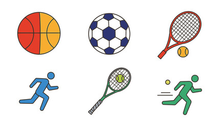 Sports icons basketball soccer tennis rackets running figures and balls