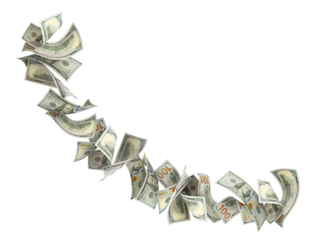 Flying hundred dollar banknotes, isolated on transparent cutout background