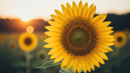 Obraz premium Close-up of a sunflower in a field at sunset, other sunflowers blurred in background