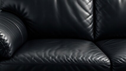 Close-up of a luxurious black leather couch, showcasing texture and detail in the material