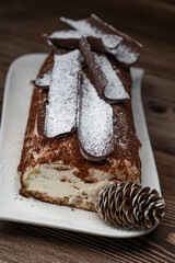 Tiramisu Tronchetto Dessert, Italian Yule Log Christmas dessert with chocolate bark, High quality photo