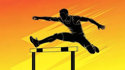 Athlete jumping hurdle silhouette against vibrant orange background