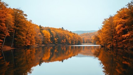 Autumnal Forest Reflection in Calm Lake Landscape