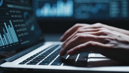 Close-up of hands typing on laptop keyboard with financial data charts glowing on screen — focused data analysis, late-night work, tech and finance concept, cinematic 4K footage