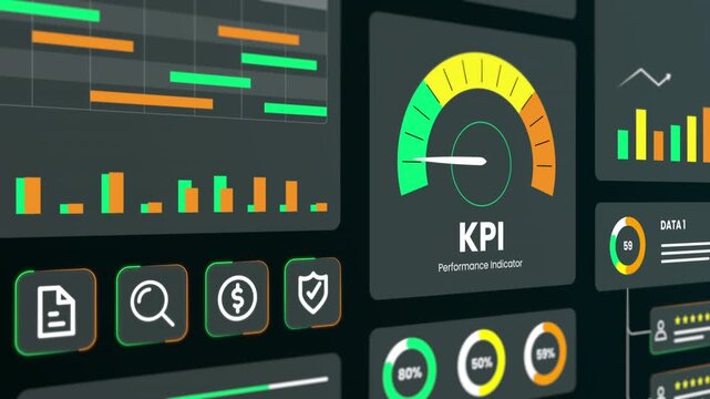Digital interface showing key performance indicators with colorful gauge meter and financial icons for corporate reporting.