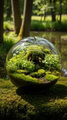 Glass Terrarium with Moss in Forest Setting