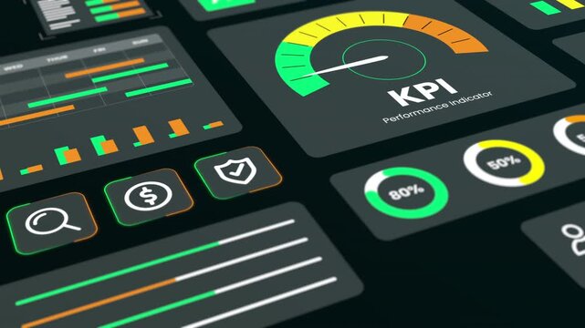Modern business dashboard highlighting performance indicators with circular percentage icons and dark aesthetic background.