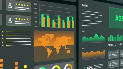 Perspective view of a digital dashboard featuring a golden world map and various financial data charts for global trade. - Powered by Adobe
