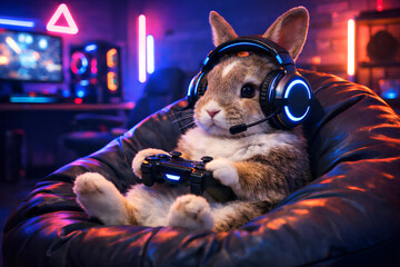 A cute  gamer rabbit wearing large headphones and holding a video game controller sitting in a neon lit room enjoying online esports and entertainment.