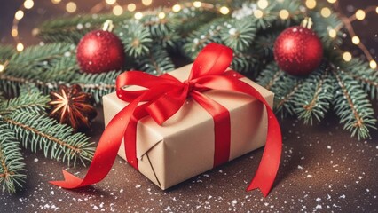 Obraz premium Festive holiday still life featuring wrapped gift box, ornaments, pine branches, and soft lights