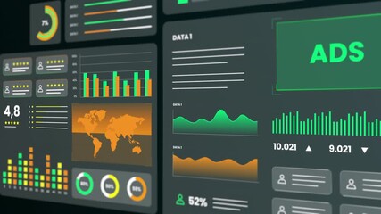 Comprehensive business intelligence interface displaying world map, line graphs, and colorful data visualization icons. - Powered by Adobe