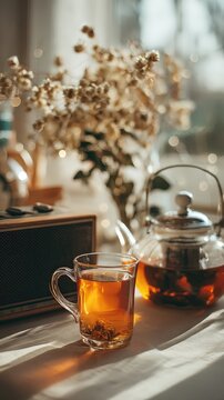 Una taza de t&eacute; con flores secas, una tetera y un tocadiscos en un ambiente luminoso y tranquilo.