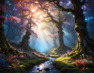 Enchanting forest scene with radiant sunlight filtering through trees