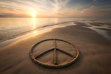 Peace Symbol Drawn in Sand at Sunrise Representing Calm and Harmony