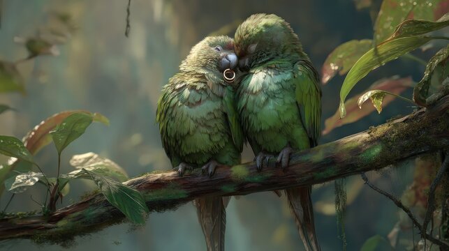 Dos loros verdes se besan en una rama cubierta de hojas, creando una escena de amor y naturaleza.