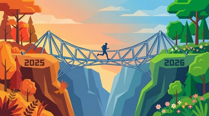 Man crossing bridge from 2025 to 2026 in vibrant landscape