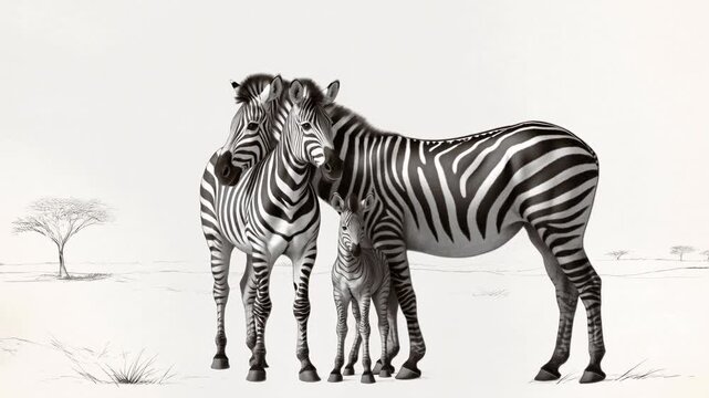 Wildlife Sketch Of Mother And Foal, Serene Ink Drawing Showcasing Mother And Baby Zebra On Savannah