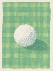 Una bola de golf sobre un mantel a cuadros verde.