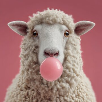 Retrato de una oveja con una gran burbuja de chicle en la boca.