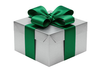 a square metallic silver luxury gift box featuring a voluminous emerald green satin bow and crisp highlights, isolated on a transparent background. concept of exclusive anticipation
