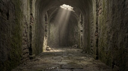 Obraz premium Sunlight streams into an ancient stone tunnel, casting an ethereal glow and highlighting textures of time. The cavern’s textures and the play of light evokes a sense of history.