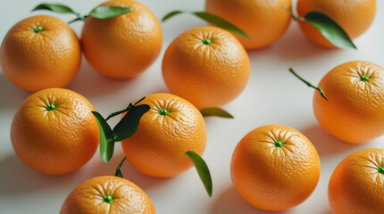 Freshly Picked Oranges with Vibrant Orange Hues and Green Stems Isolated on White Background, Close Up Fruit Photography Highlighting Juicy Texture, Natural Freshness, Healthy Citrus Composition