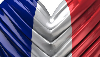 Vibrant 3D heart artfully wrapped in the iconic blue, white, and red tricolor of the French flag, symbolizing national pride, unity, and deep affection