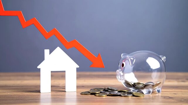 Financial decline visual with house, arrow, piggy bank, and coins. Representing economic hardship