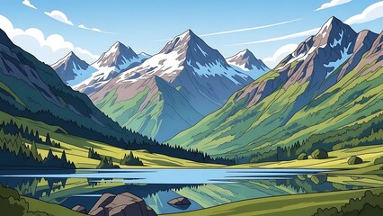 Mountainous Landscape with Snowy Peaks and Serene Lake