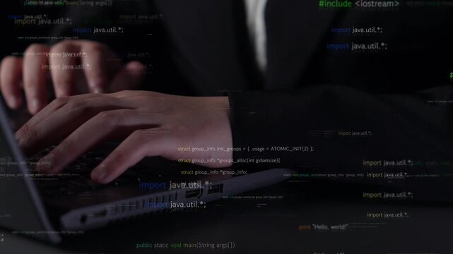 A focused software developer types on a laptop in a dimly lit environment. The screen displays lines of code, showcasing the art of programming and software development. Xenic